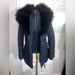 NAVY BLUE MACKAGE AKIVA WITH BLACK FUR HOODED PUFFER COAT
